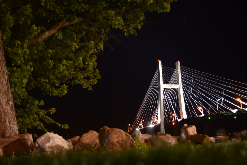 Great River Bridge over the Mississippi River at night, Burlington, Iowa