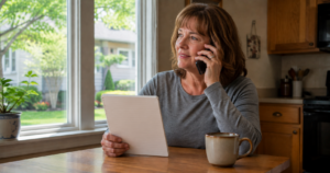 A West Burlington homeowner on the phone with a list of questions, preparing to hire a Southeast Iowa electrician.
