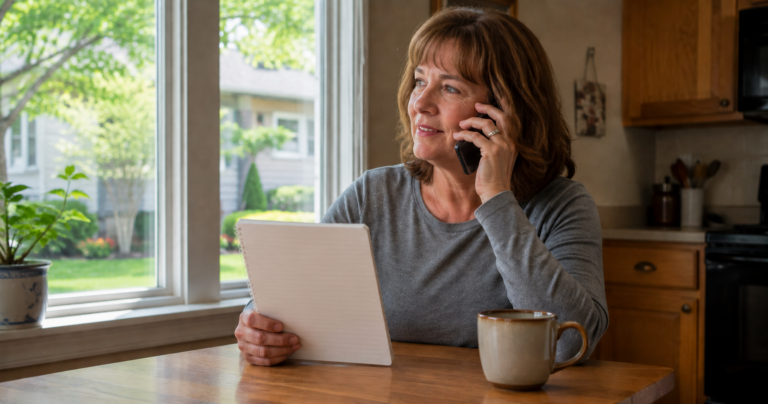 A West Burlington homeowner on the phone with a list of questions, preparing to hire a Southeast Iowa electrician.