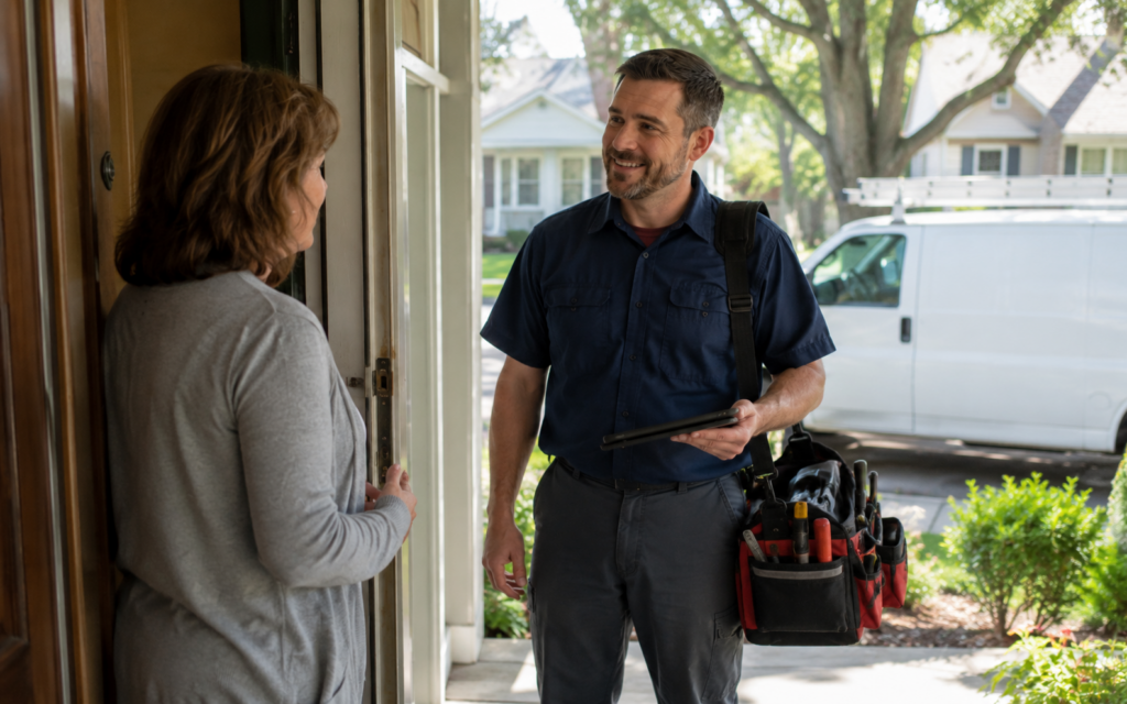 A licensed Southeast Iowa electrician arriving at a Burlington-area home for an estimate.