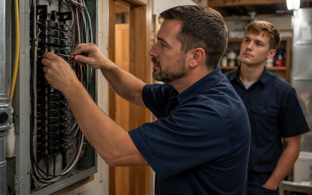 A licensed electrician working on a residential electrical panel in West Burlington, Iowa.