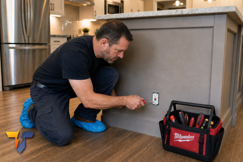 A T.A.P. Electrician using a digital circuit tester to verify GFCI protection in a kitchen.