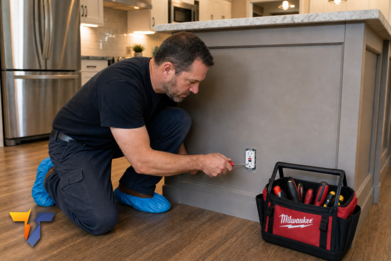 A T.A.P. Electrician using a digital circuit tester to verify GFCI protection in a kitchen.