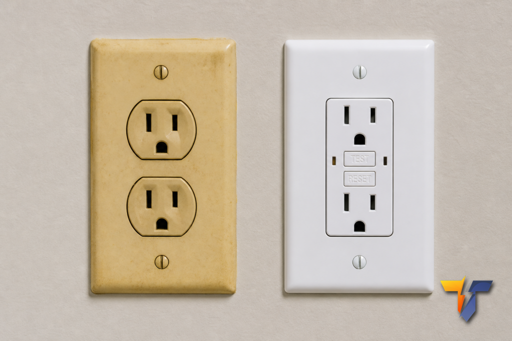 Comparison of an old ungrounded outlet vs a new code-compliant GFCI outlet with test and reset buttons.