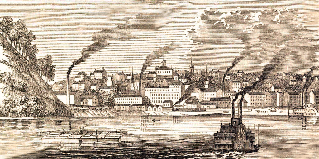 Historical view of Burlington, Iowa from 1861 showing the Mississippi riverfront and downtown