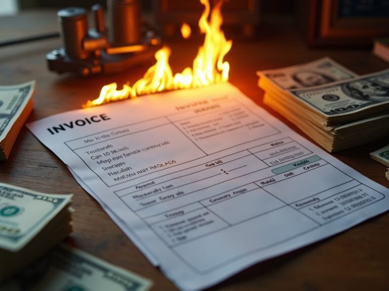 Invoice and burning money representing unexpected electrical costs and the risk of cheap electrician estimates.