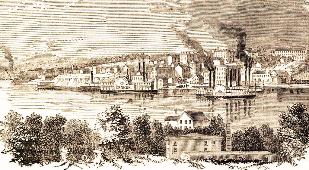 Historic illustration of Keokuk, Iowa, known as The Gate City since 1855
