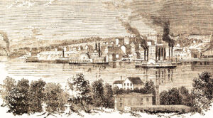 Historic illustration of Keokuk, Iowa, known as The Gate City since 1855