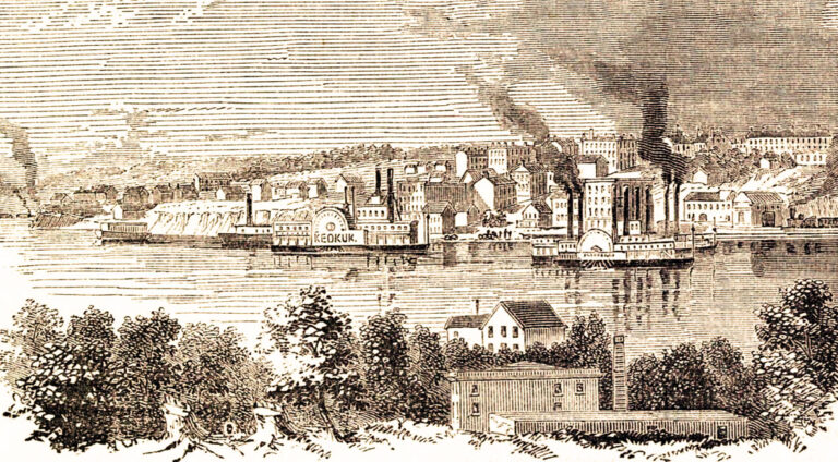 Historic illustration of Keokuk, Iowa, known as The Gate City since 1855