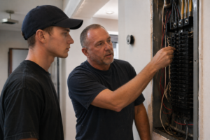 Professional T.A.P. Electric LLC master electrician and apprentice working together on a residential electrical project in Southeast Iowa.