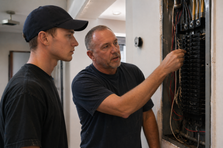 Professional T.A.P. Electric LLC master electrician and apprentice working together on a residential electrical project in Southeast Iowa.