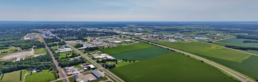 Aerial view of West Burlington, Iowa showing the city and surrounding farmland