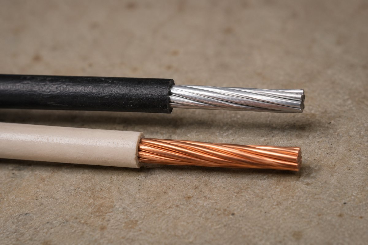 A silvery aluminum conductor next to a reddish copper conductor, stripped to show the bare metal