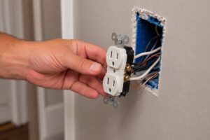 A residential receptacle pulled out of the wall box to check the wiring connections behind it