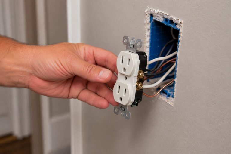 A residential receptacle pulled out of the wall box to check the wiring connections behind it