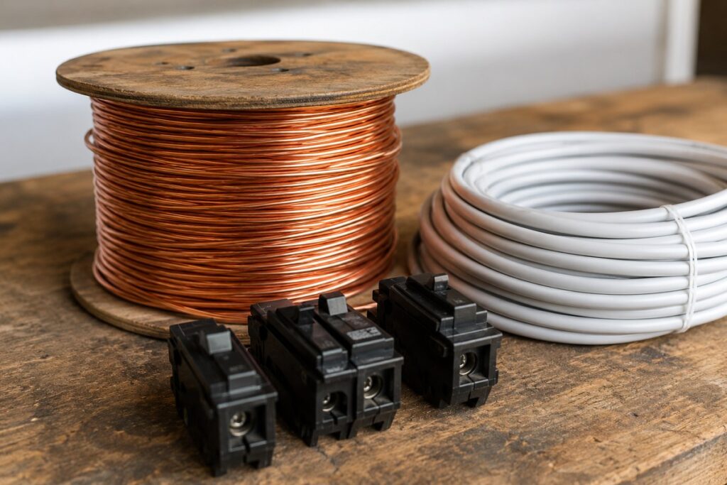 Copper electrical wire and new breakers on a workbench, the rising-cost materials behind an electrical quote.