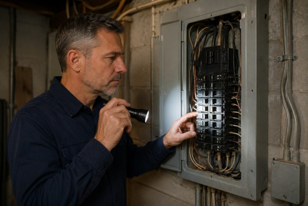 A licensed electrician calmly inspecting an aging electrical panel before it becomes an emergency repair.