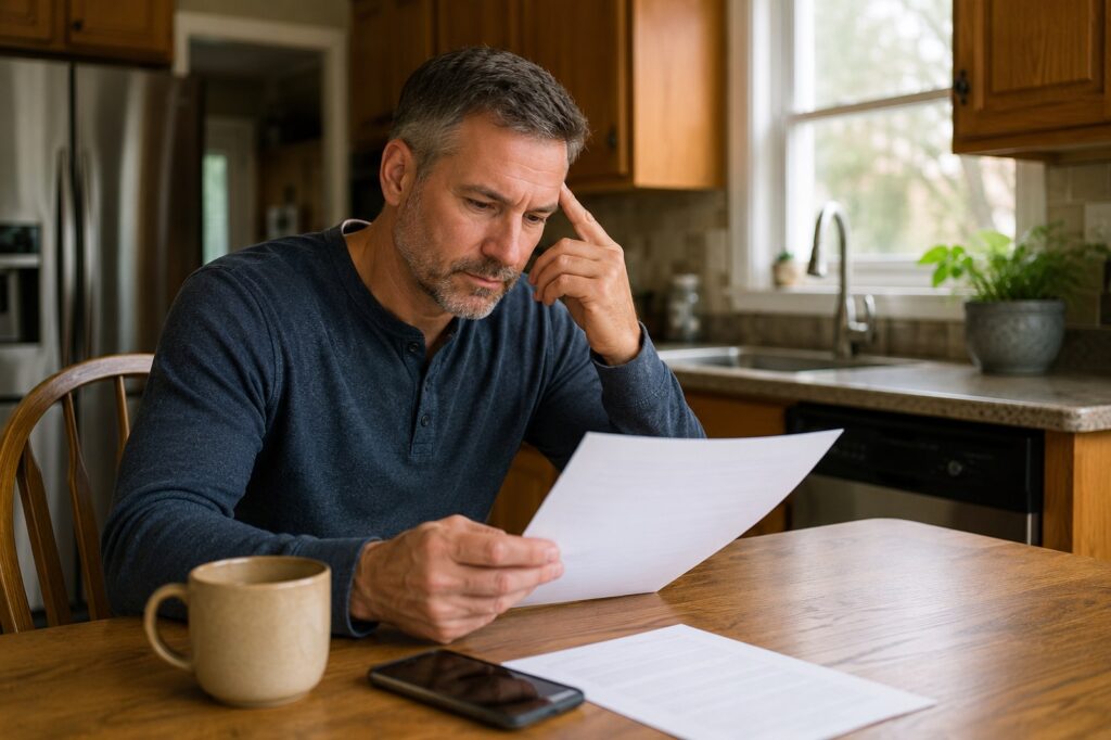A Southeast Iowa homeowner reviewing an electrical estimate at the kitchen table, deciding whether to schedule the work now.