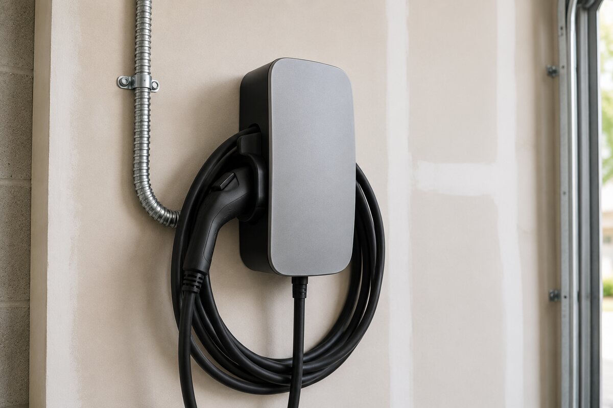 Wall-mounted Level 2 home EV charging unit