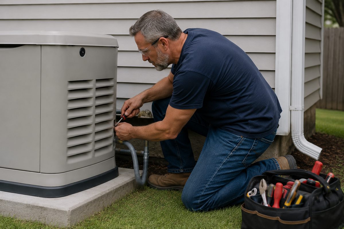 T.A.P. Electric electrician connecting a home standby generator during installation