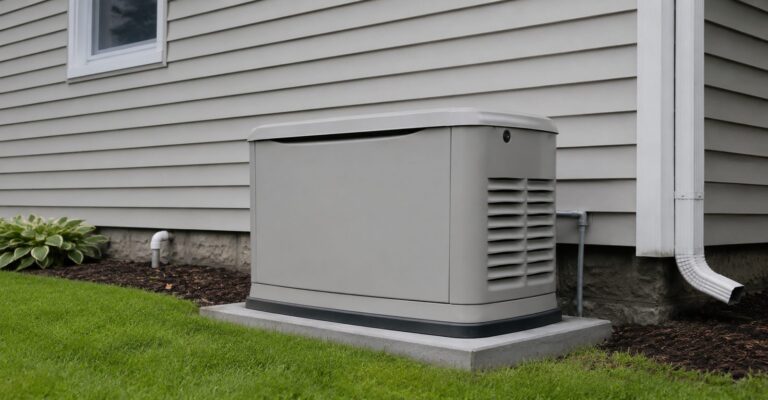 Home standby generator installed on a concrete pad beside a Southeast Iowa house