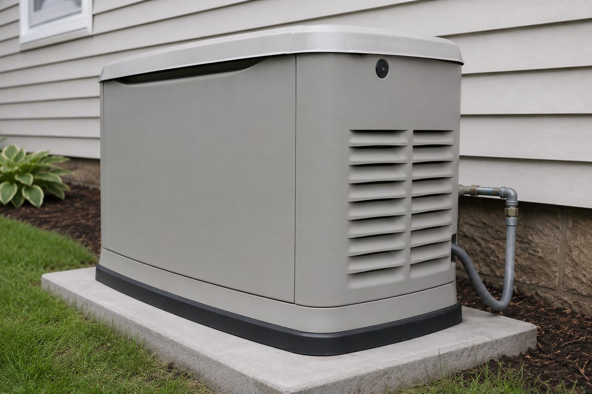 Residential standby generator on a concrete pad with natural gas line connection