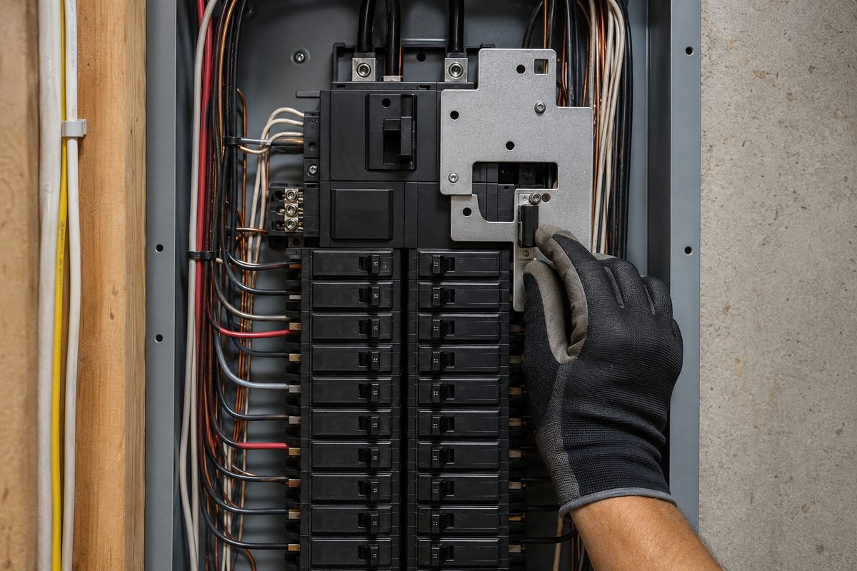 Electrician using a generator interlock and transfer switch at a residential electrical panel