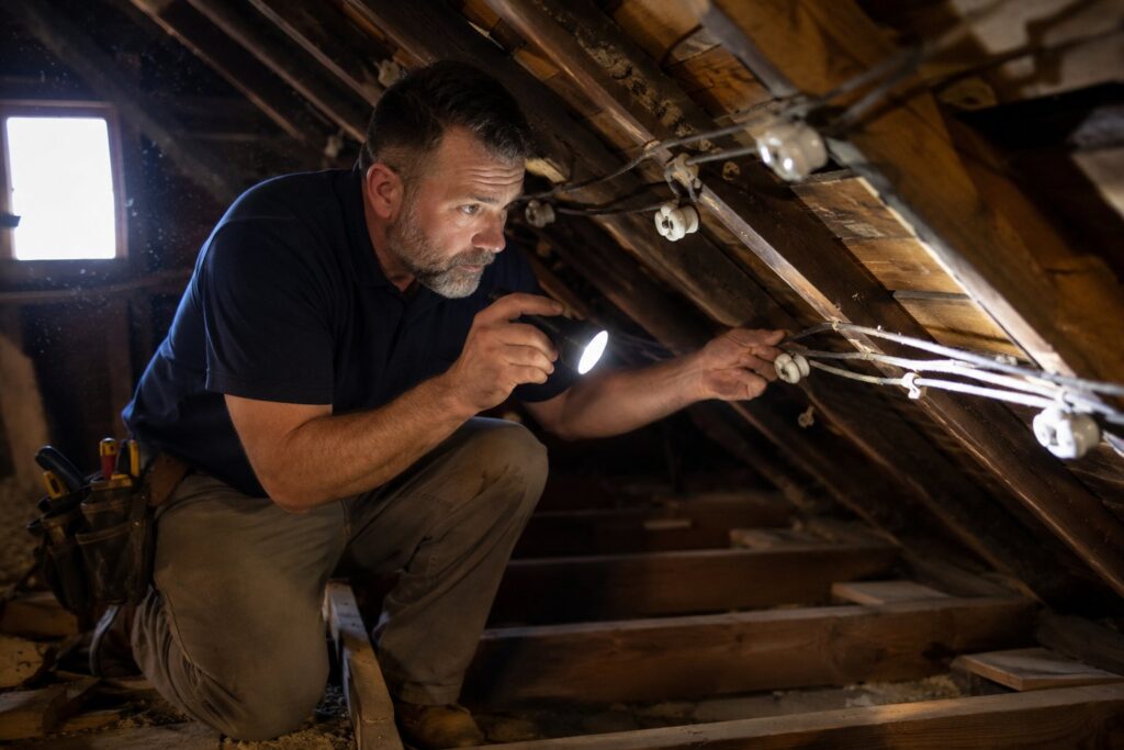 T.A.P. Electric electrician using a flashlight to inspect knob-and-tube wiring in an attic
