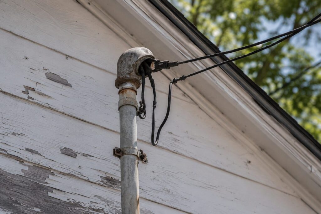 Weathered overhead service mast and weatherhead pulling away from a home