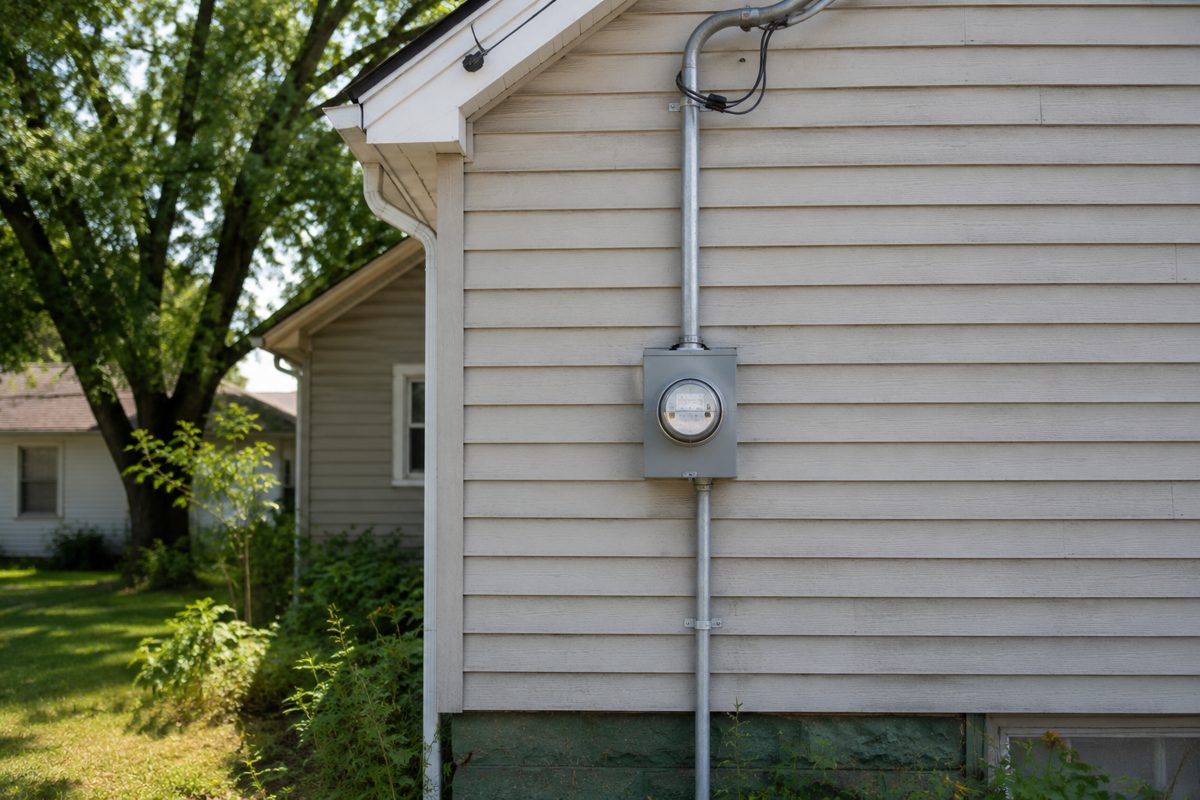 A newly installed electrical meter base on the exterior of an older Southeast Iowa home