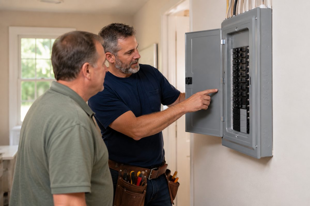 A T.A.P. Electric electrician explaining a newly installed breaker panel to a homeowner