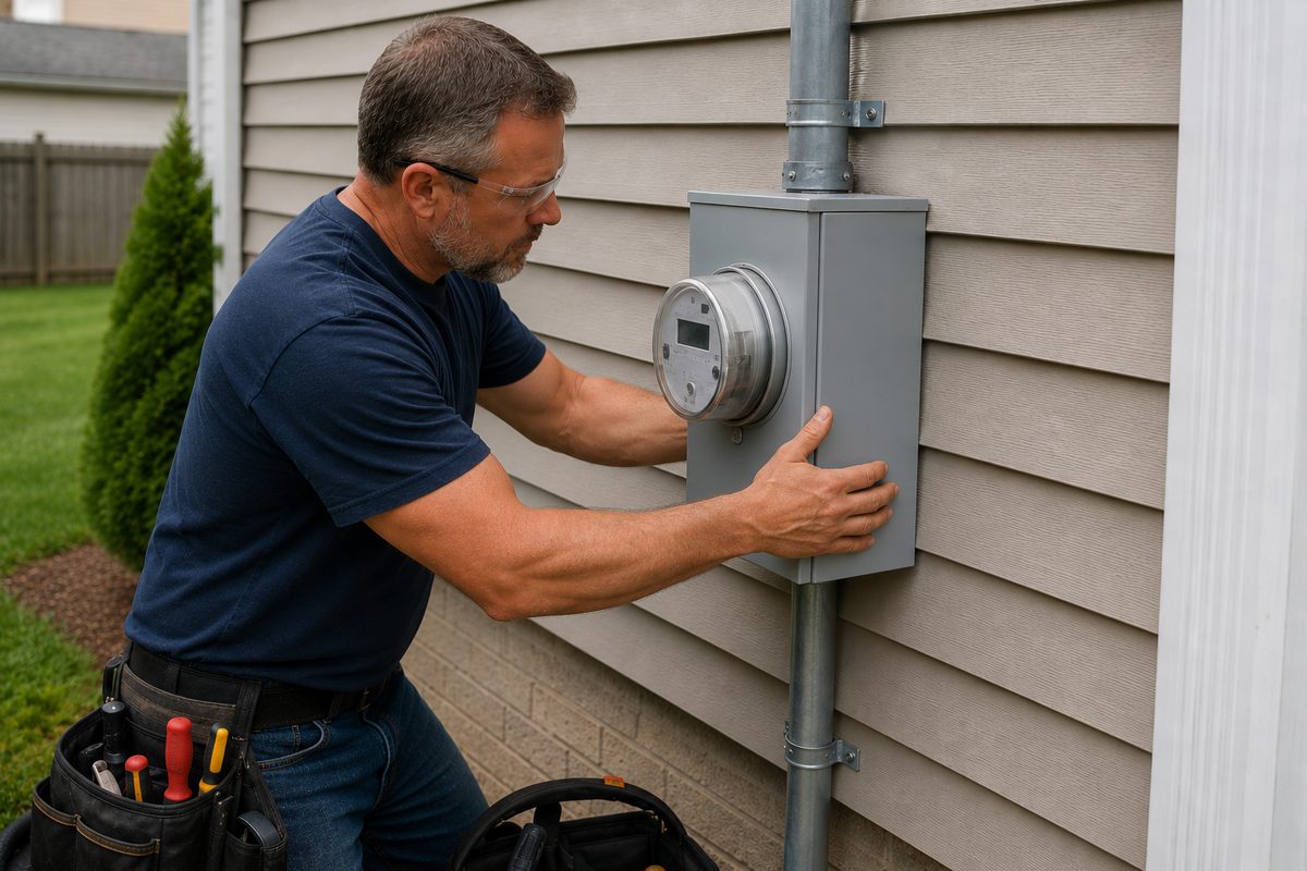 T.A.P. Electric electrician working at a residential meter socket during a service upgrade