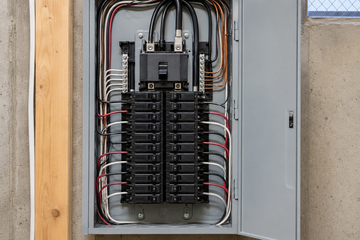 New residential 200-amp electrical panel with main breaker and neatly wired circuits