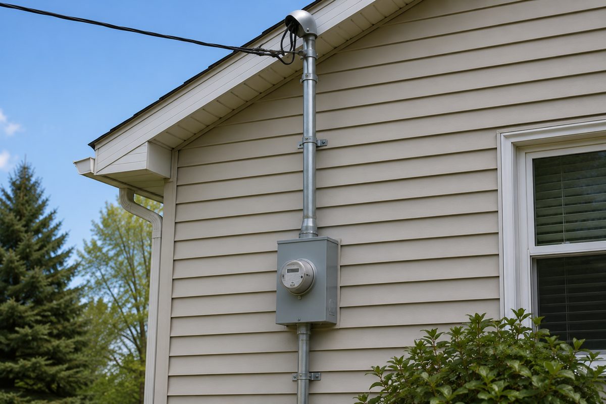 Residential electrical service entrance showing the mast, weatherhead, and meter socket