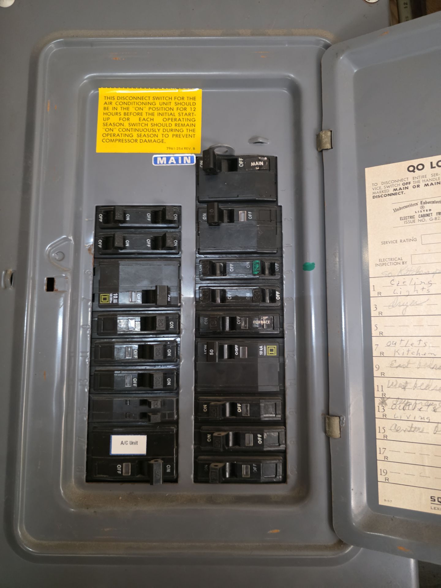 Labeled circuit breakers with a written circuit directory after a panel upgrade by T.A.P. Electric in Burlington, Iowa