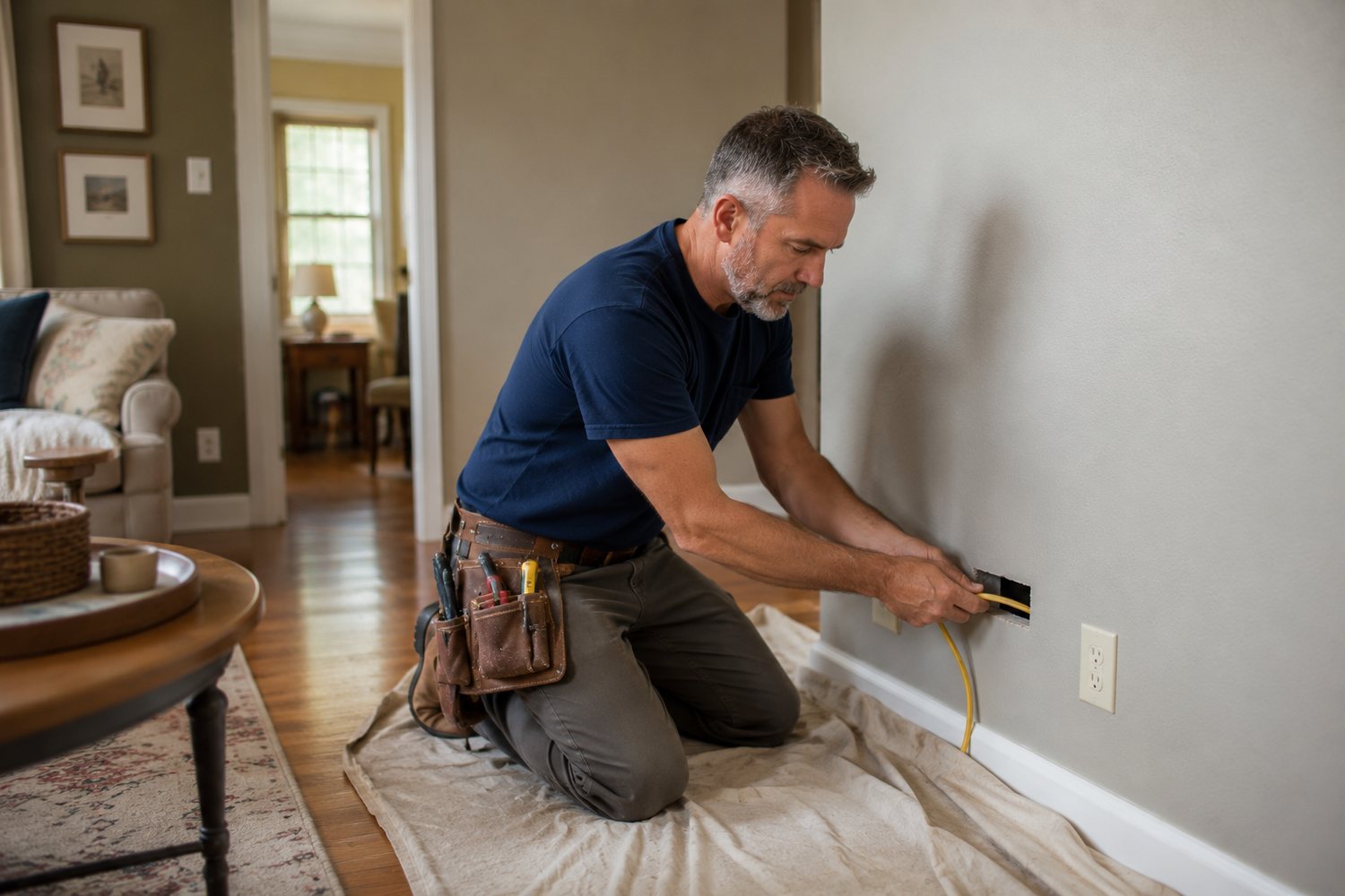 Electrician running new wiring to an outlet in a furnished room with a drop cloth protecting the floor