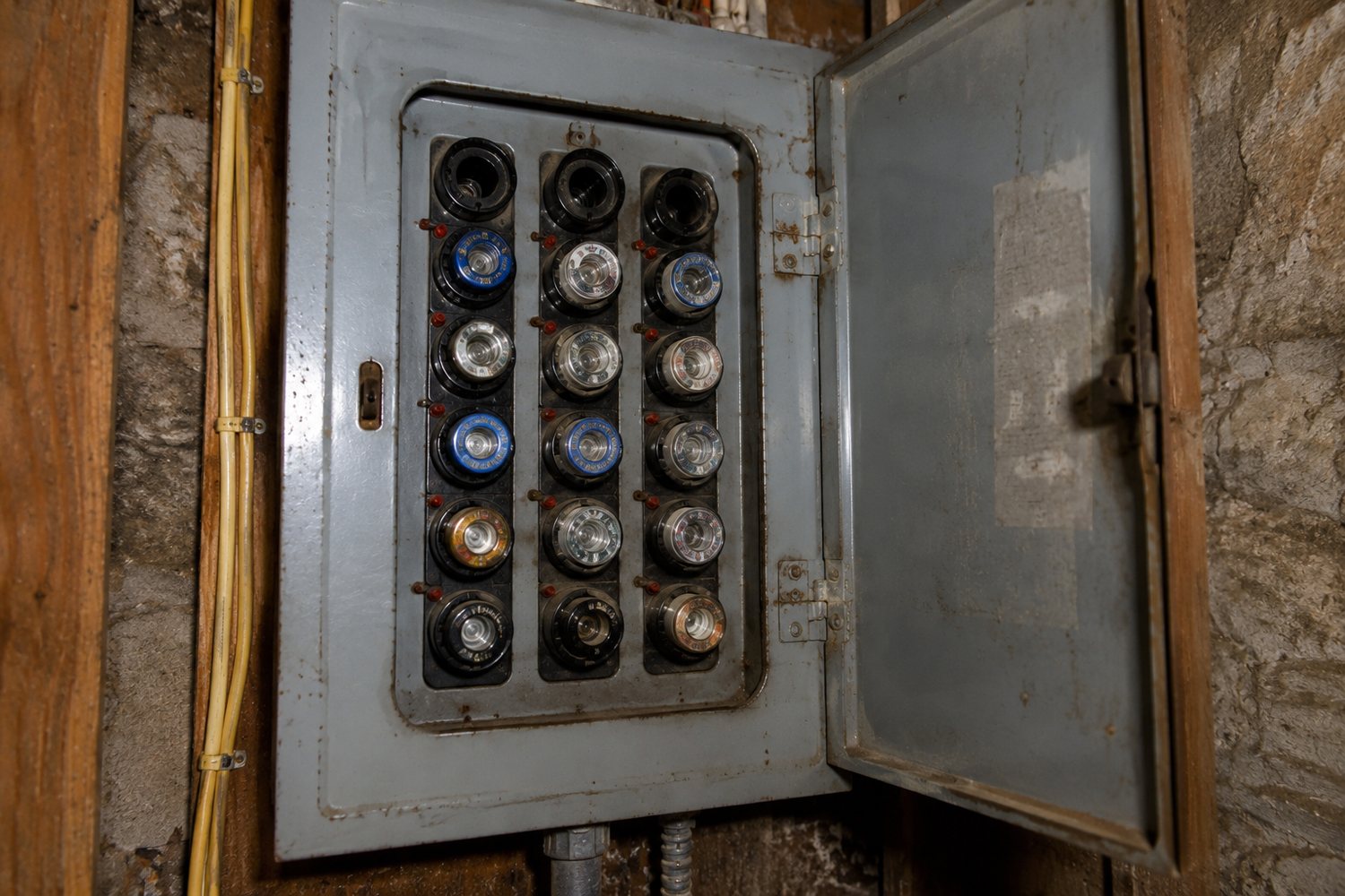Old screw-in fuse electrical panel in the basement of an older home