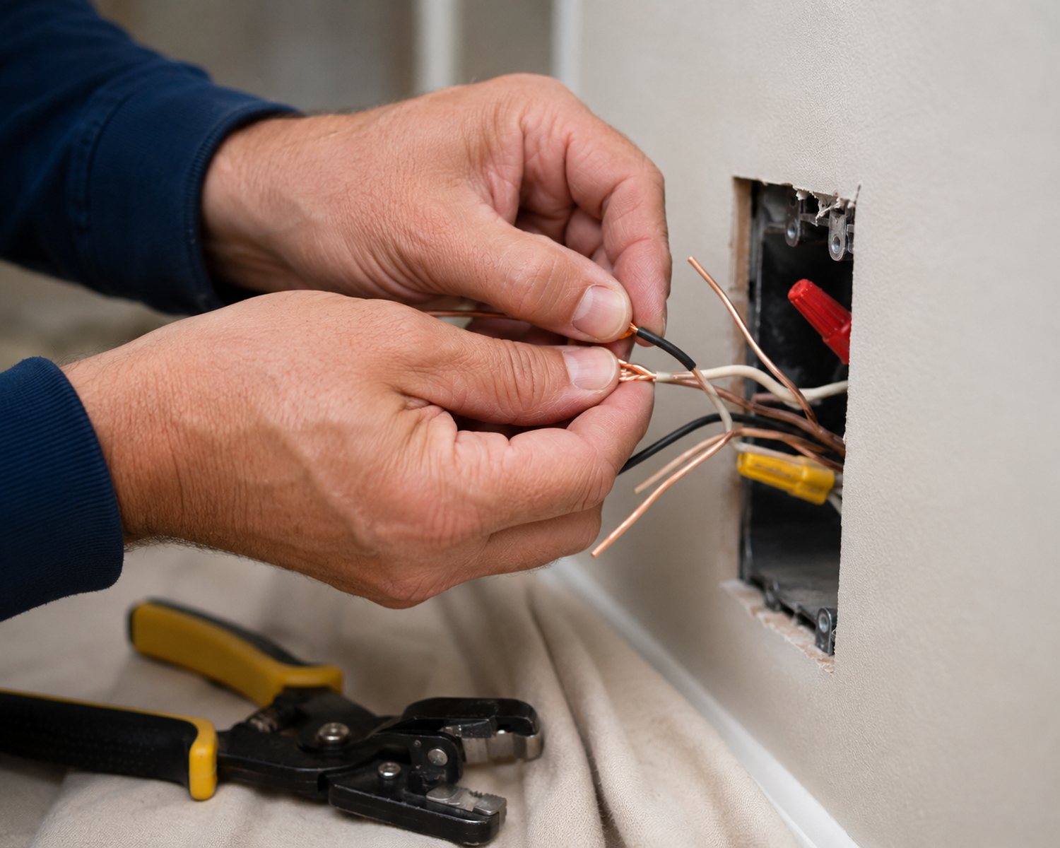 Close-up of an electrician joining copper wires inside an outlet box