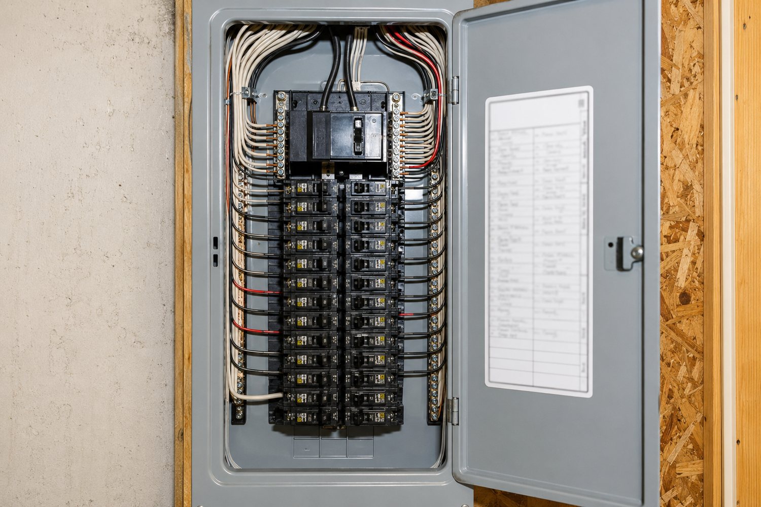 Newly installed gray breaker panel with neatly organized circuits