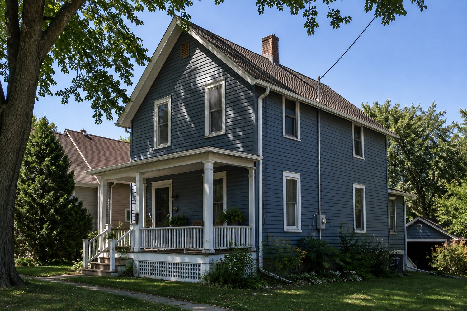 Older two-story Midwestern home, the kind of house that often needs a whole-home rewire